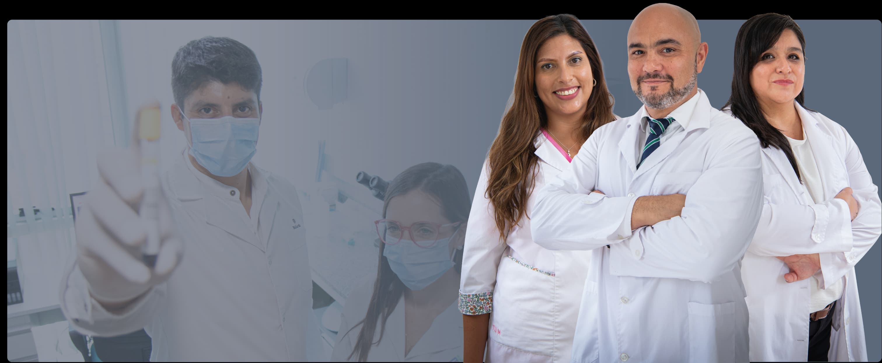 Equipo de profesionales del laboratorio realizando análisis clínicos